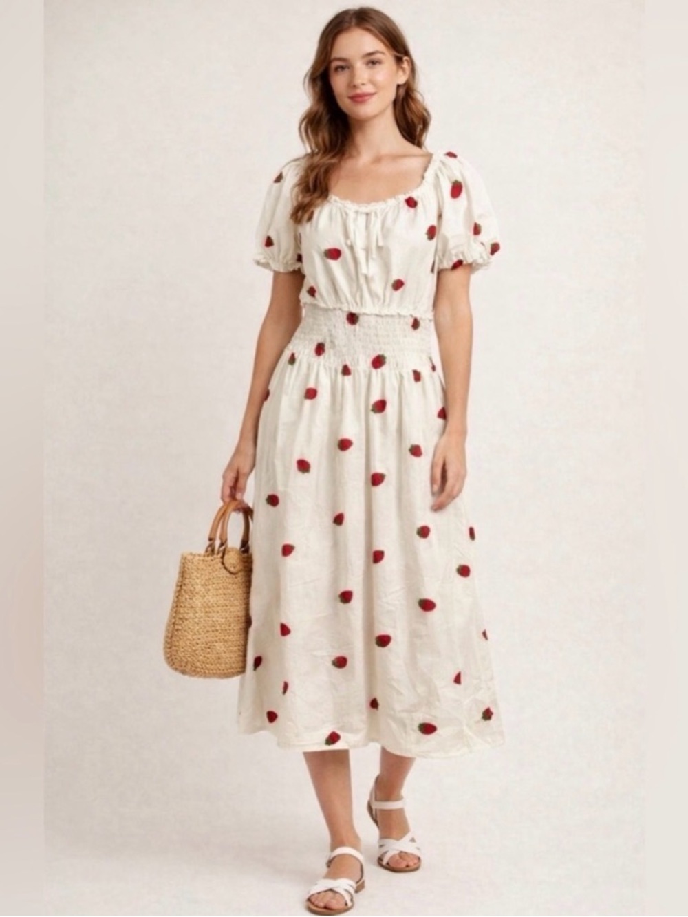 Strawberry Cottagecore Dress Ana & Rose White Midi Puff Sleeve Smocked L
